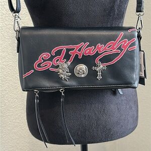 Ed Hardy Black and Red Logo Foldover Clutch